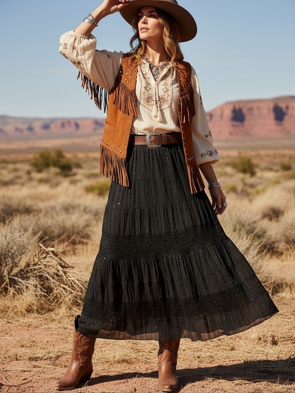 Black Boho Whimsigoth Tiered Maxi Skirt with Lace and Sequin